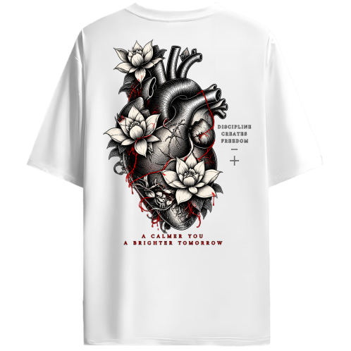 Anatomical Heart & Lotus Oversized T-Shirt for Men & Women | Premium Cotton Drop Shoulder T-Shirt - Back View
